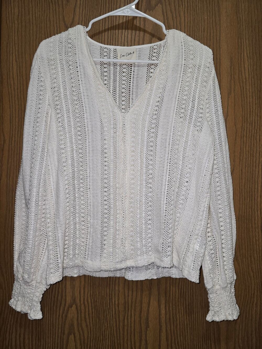 Easy Clothes L/XL Cream Pointelle Open Knit Crochet V-Neck Smocked Cuff Top